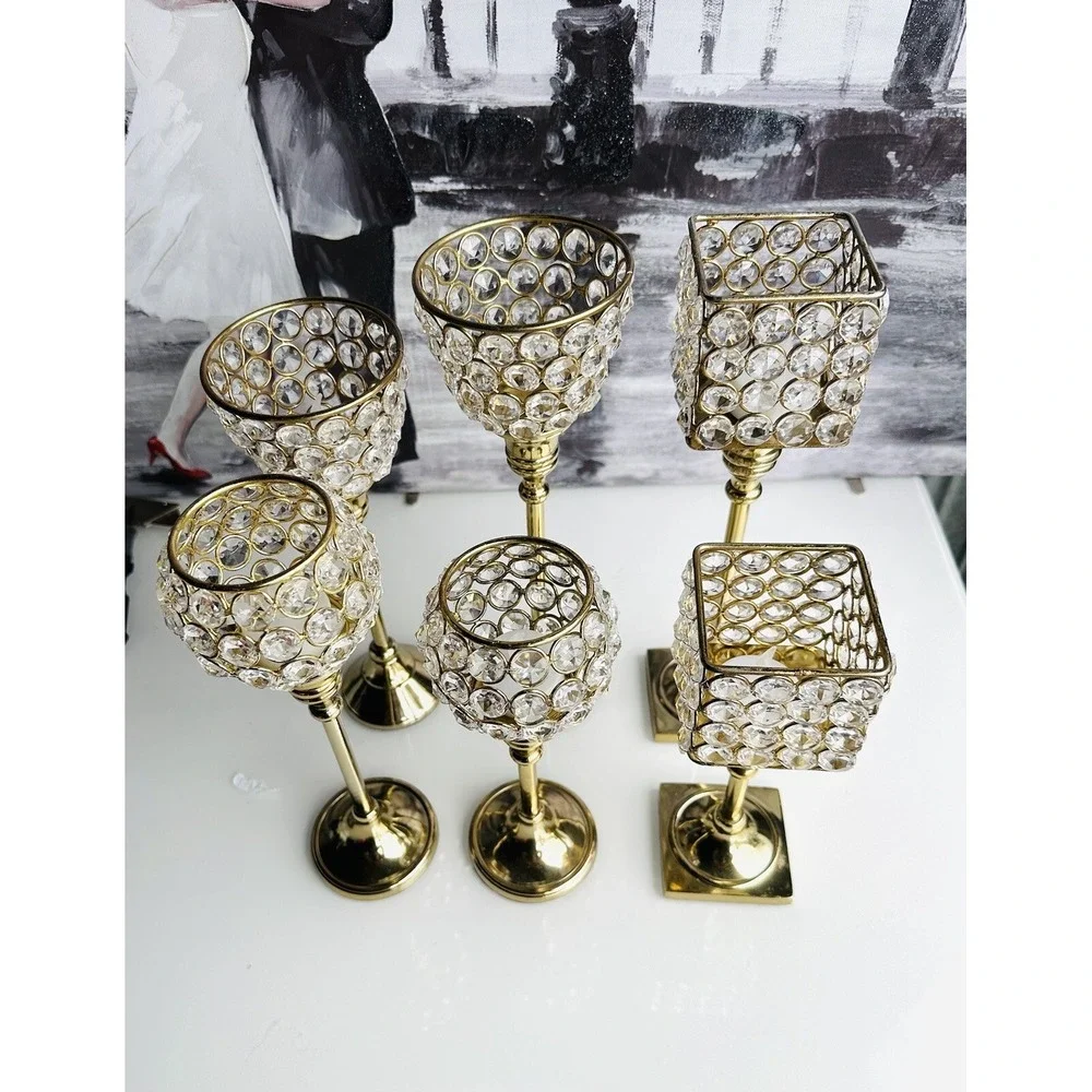 Crystal With Brass Candle Holder Metal Gold, 6 pcs